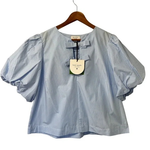 Kate Spade Target White Blue Stripe Puff Sleeve Bows Coastal Preppy Blouse L NWT - Picture 3 of 10